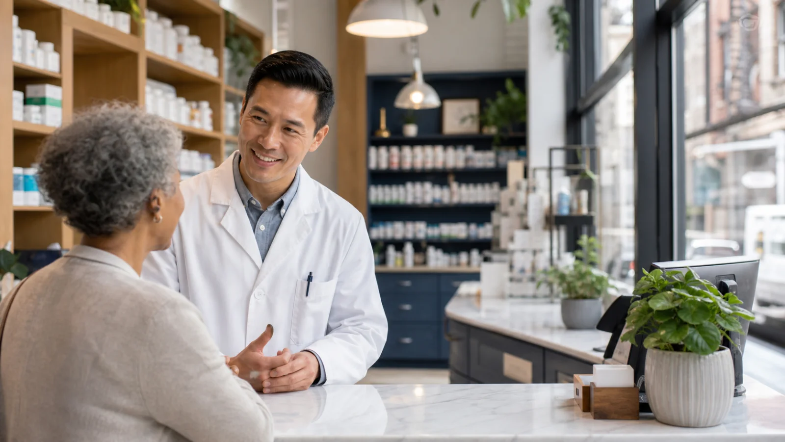 A Mason Pharmacy pharmacist helping a patient at the counter