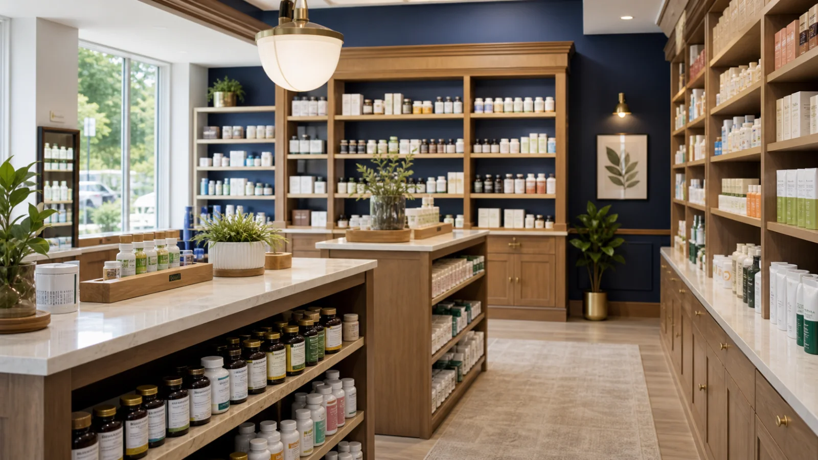 Well-stocked pharmacy shelves
